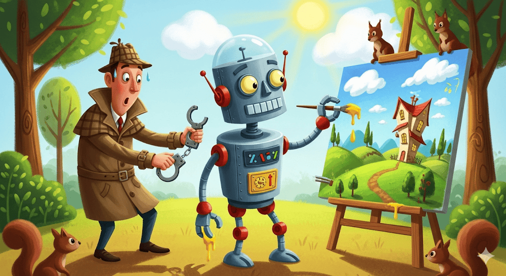 A detective trying to catch a robot painter, generated with Gemini