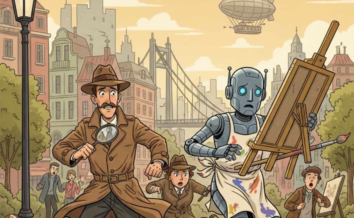 Detectives chasing after a robot painter, generated with Midjourney