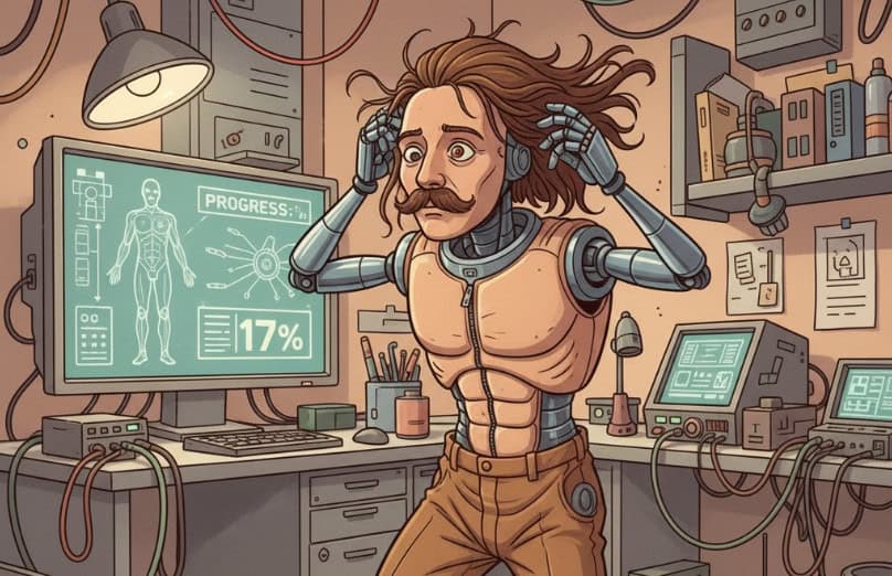 A robot putting on his human disguise, generated by Gemini
