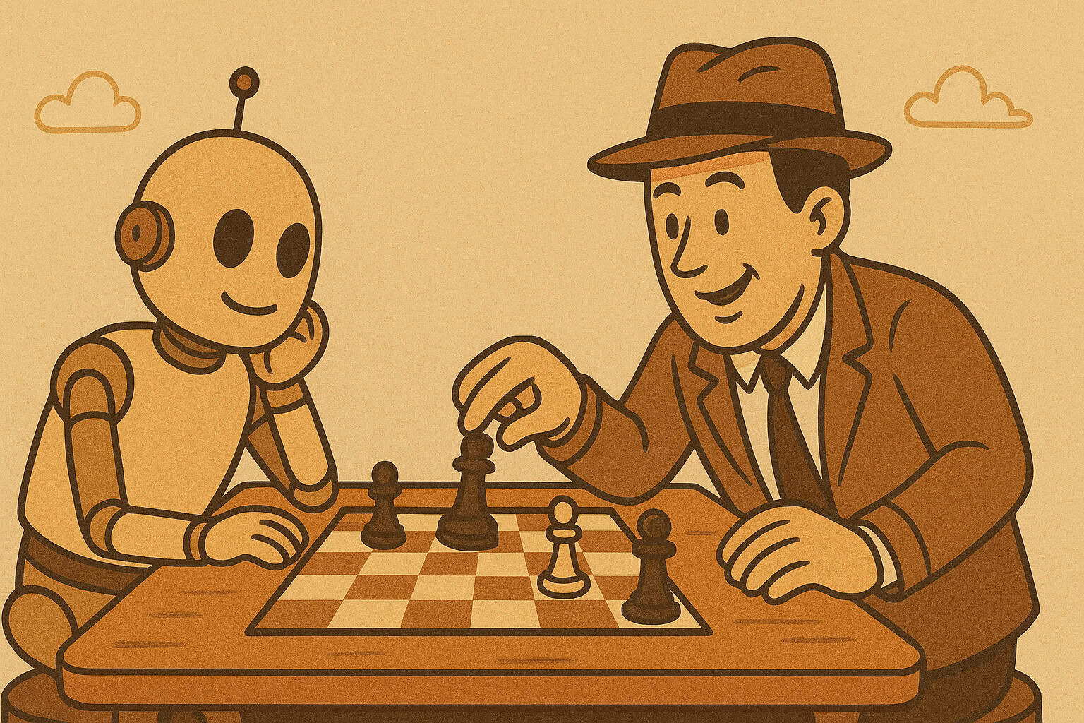 A detective and a robot in a game of chess, generated with GPT