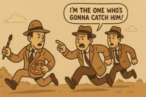 Two detectives chasing after a robot pretending to be human, generated with GPT