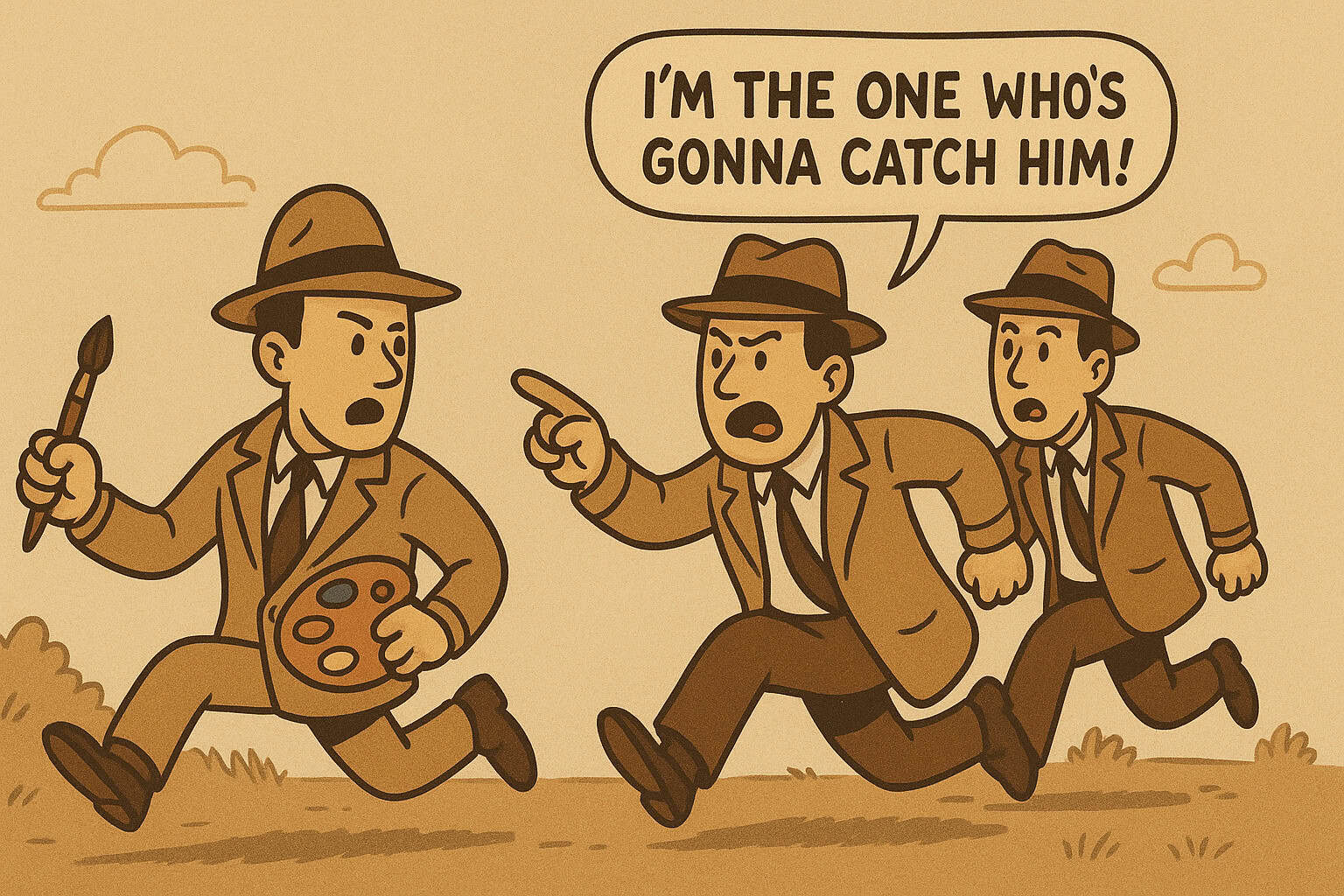 Two detectives chasing after a robot pretending to be human, generated with GPT