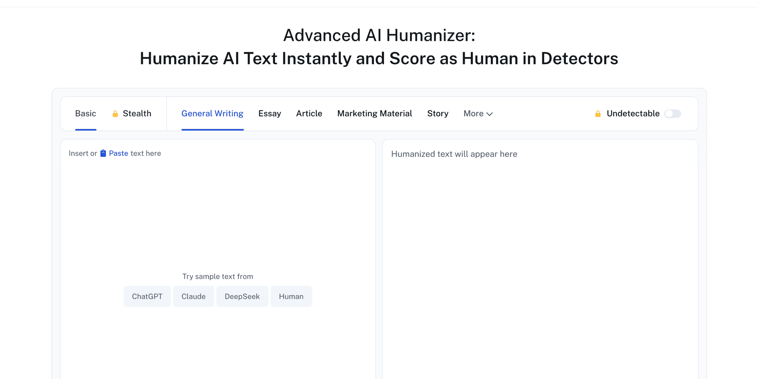 Undetectable AI humanizer page with the main AI humanizer input area
