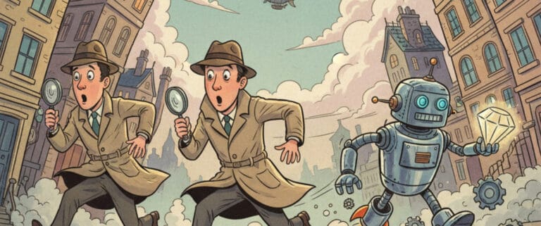 Two detectives chasing after an AI, generated with ChatGPT