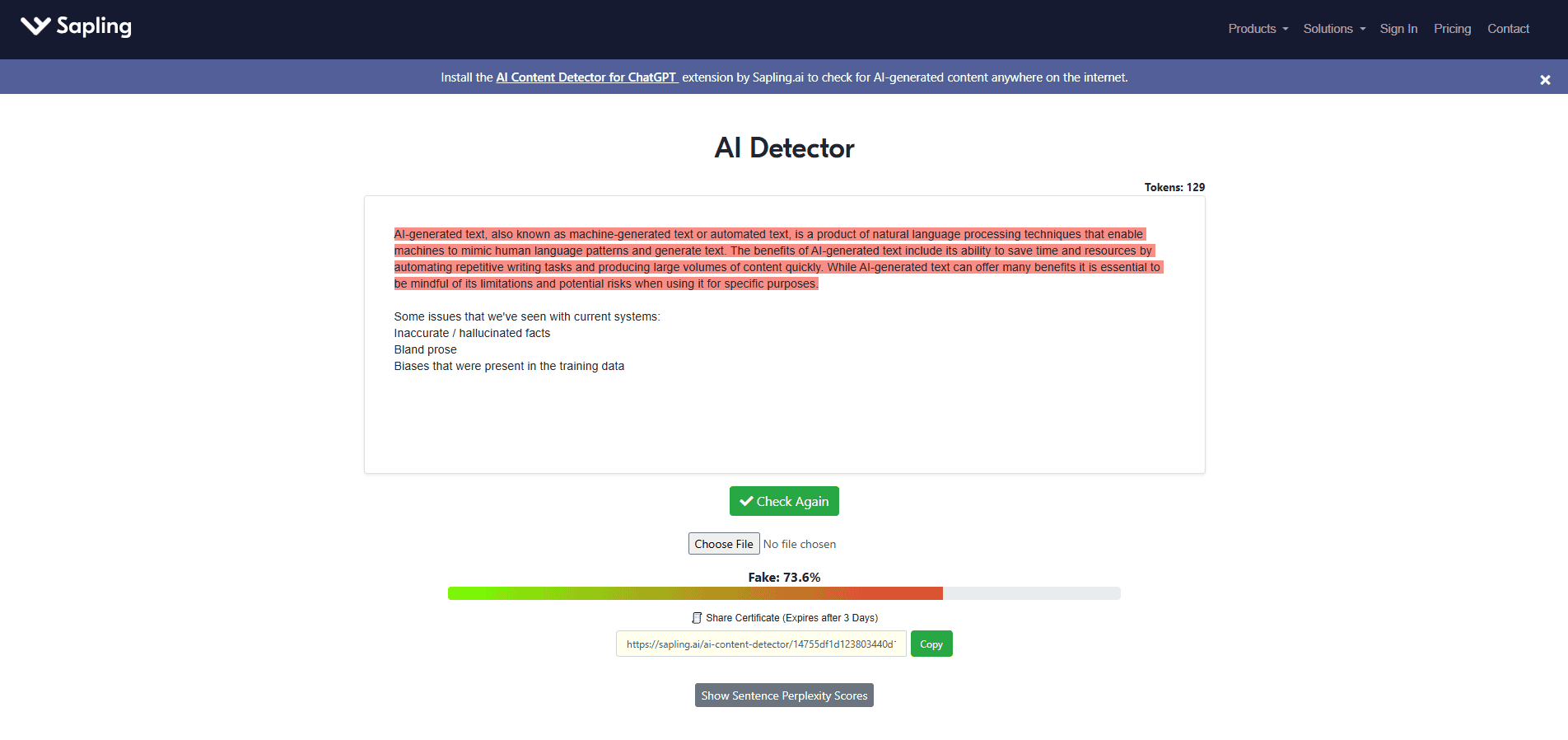 Sapling AI Detector landing page