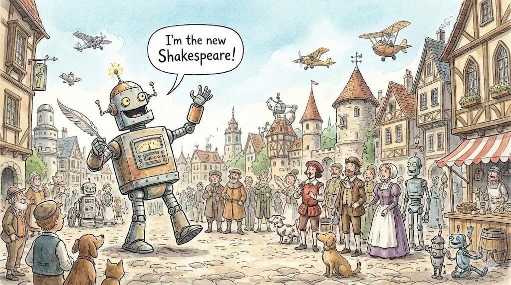 A robot trying to emulate Shakespeare, generated with Gemini