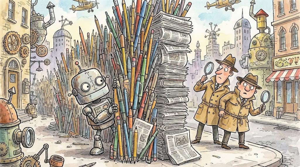 A robot hiding from detectives behind pens and papers, generated with Gemini