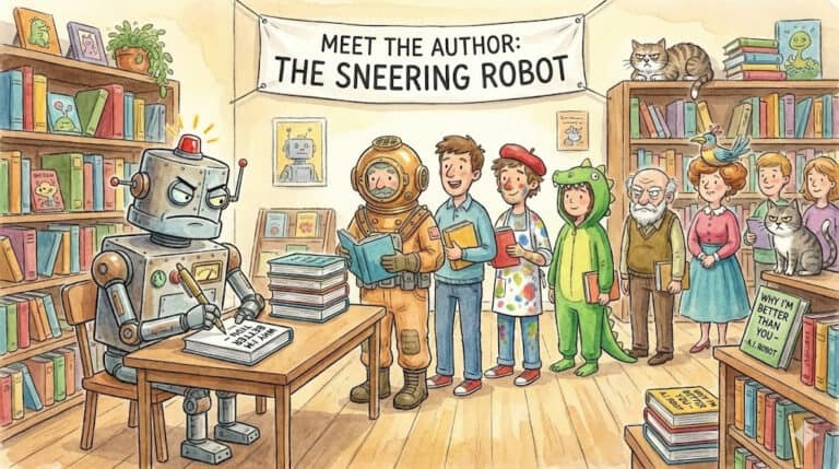 A robot writer hitting success, generated with Gemini