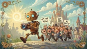 A robot getting chased by an angry mob, generated with Gemini