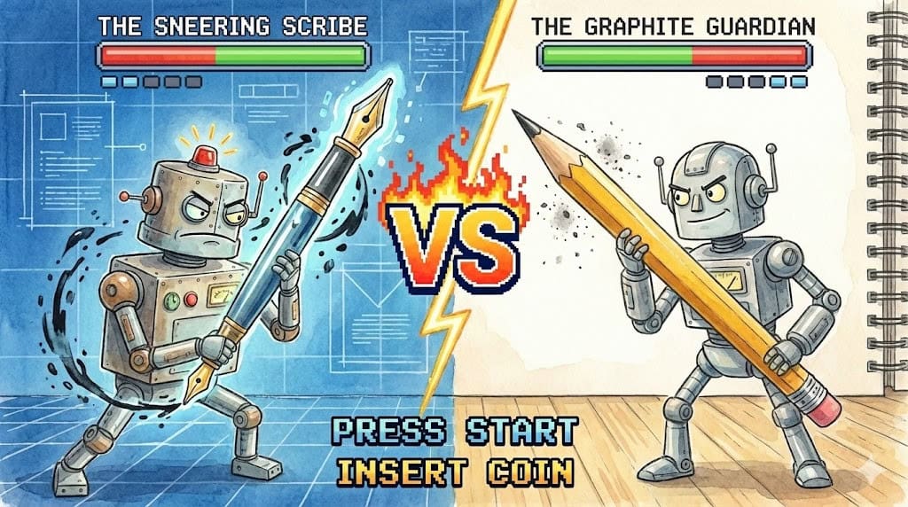 Two AI writers in a head-to-head battle, generated with Gemini