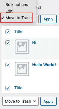 bulk move articles to trash in WordPress screen