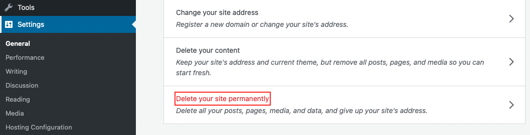 permanently delete entire wordpress site screen