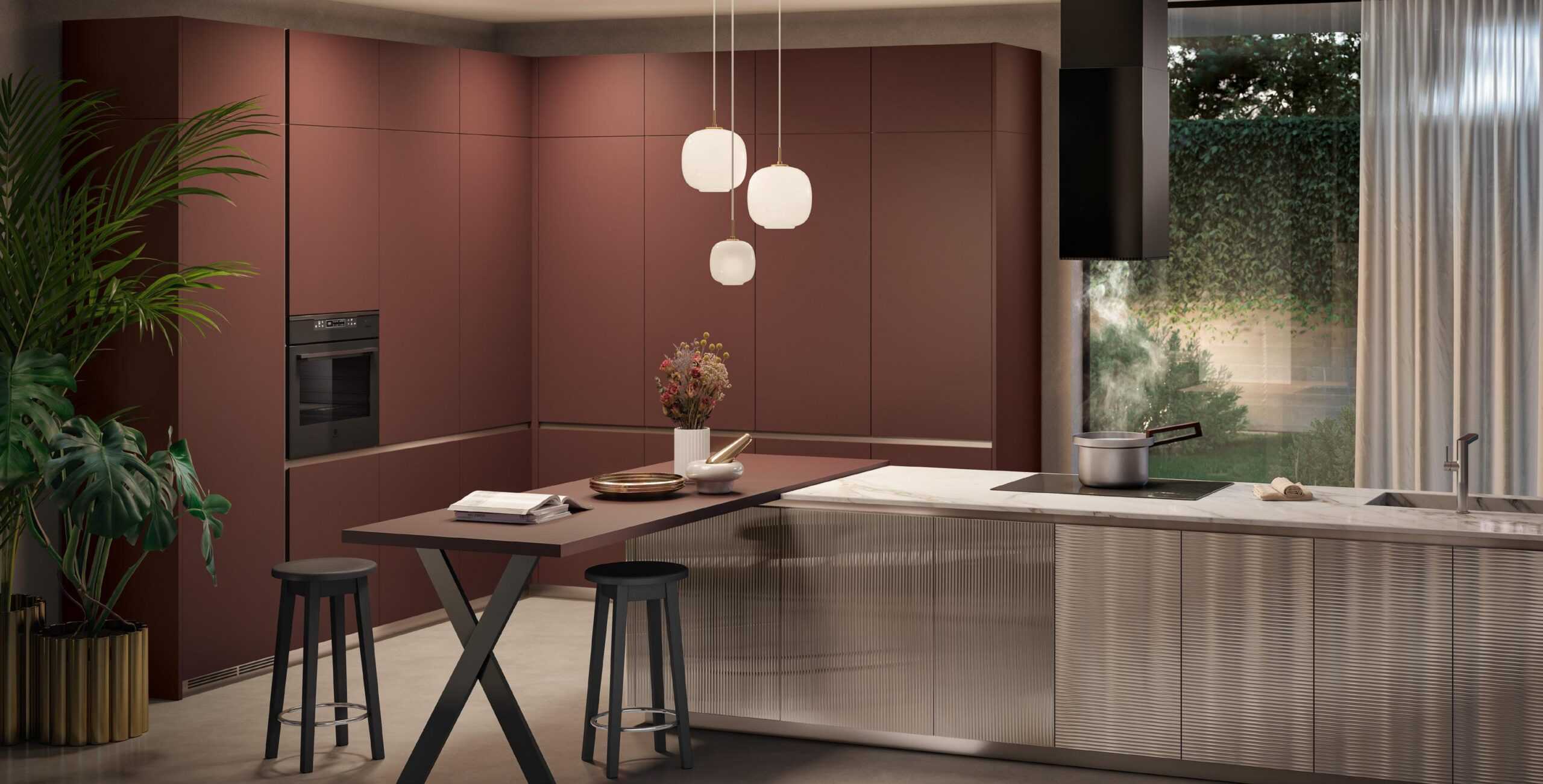 Modern kitchen with brown cabinets, a built-in oven, a marble island with a stovetop, stools, hanging pendant lights, and a large window with curtains overlooking greenery.