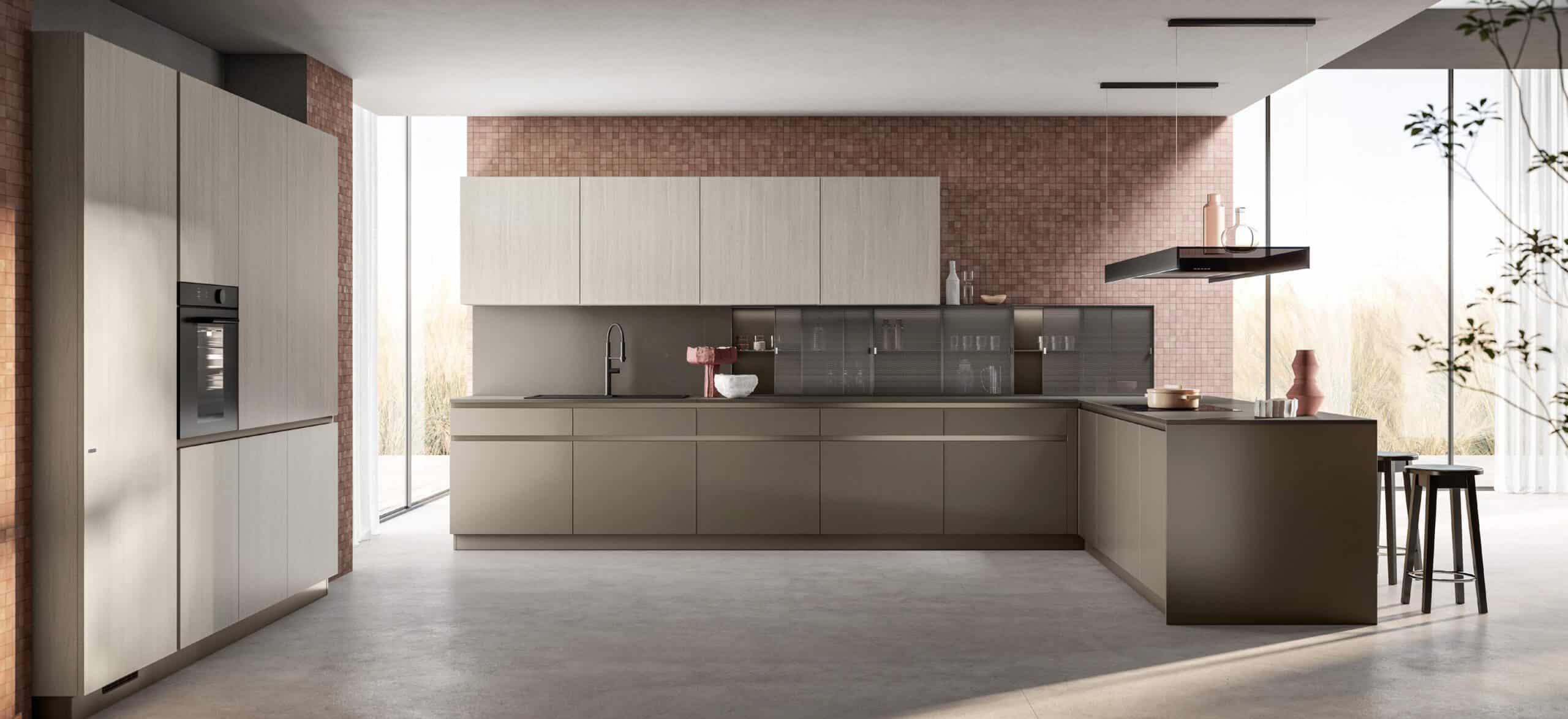 Modern kitchen with sleek cabinetry, large island, built-in oven, and minimalist decor.