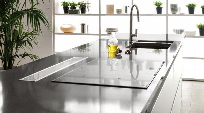 Modern kitchen with a sleek stainless steel countertop, induction cooktop, and built-in sink, surrounded by minimalistic decor and potted plants.