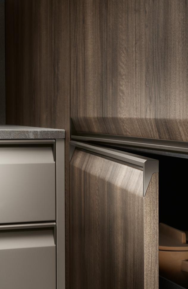 Wooden cabinet with slightly open door showing interior, next to stacked gray drawers.