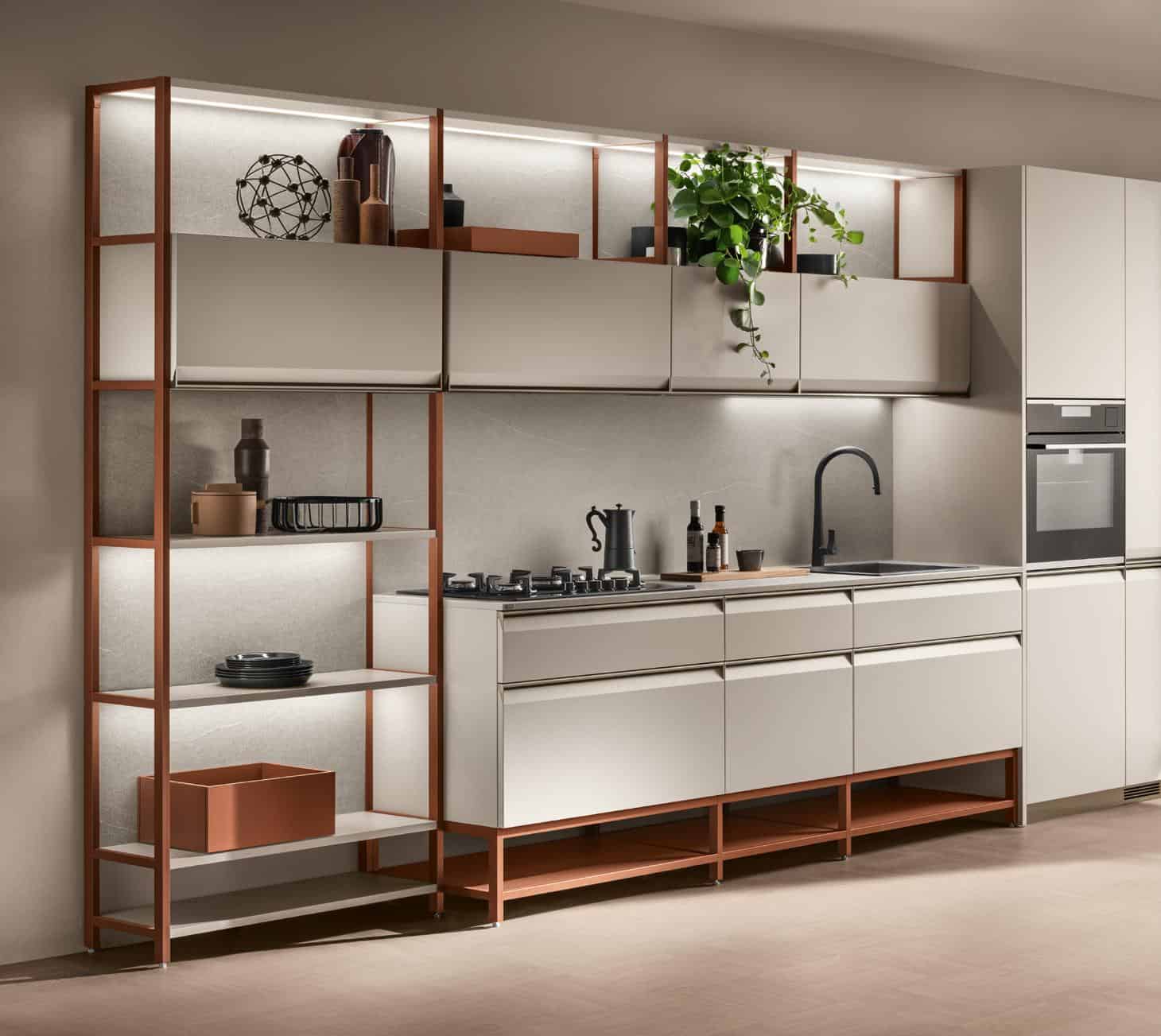 Modern kitchen with sleek cabinetry, open shelving, and built-in appliances, featuring a minimalist design with neutral tones and decorative items.