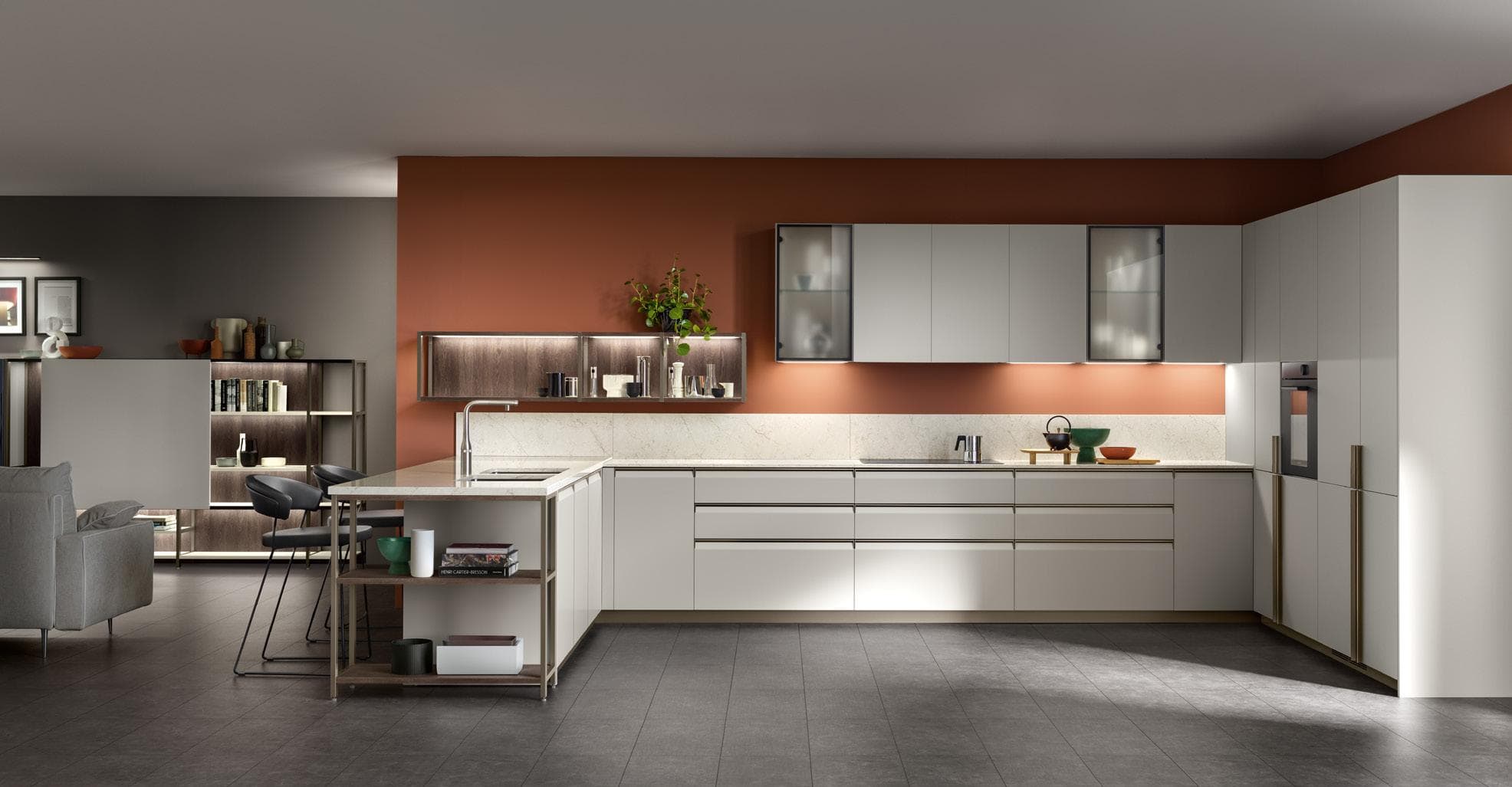 Modern kitchen with white cabinets, a U-shaped counter, open shelving, and a warm earth-toned wall.