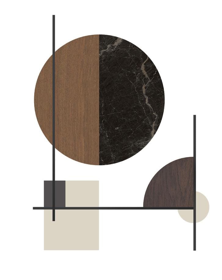 Abstract geometric design with circles and rectangles in wood and marble textures, intersected by black lines on a white background.