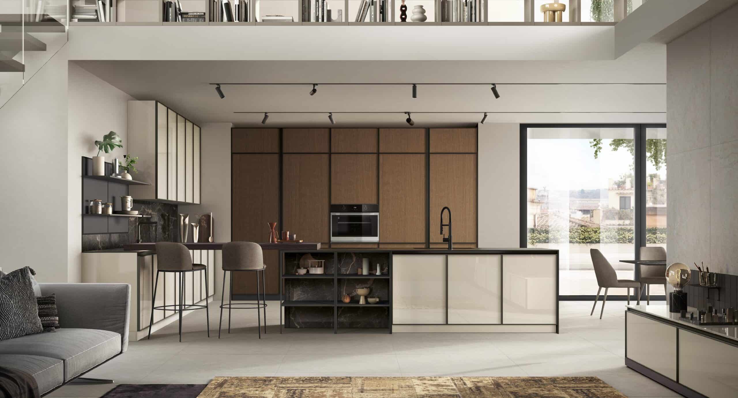 Modern kitchen and living area with a sleek design, featuring a central island, bar stools, open shelving, and large windows.
