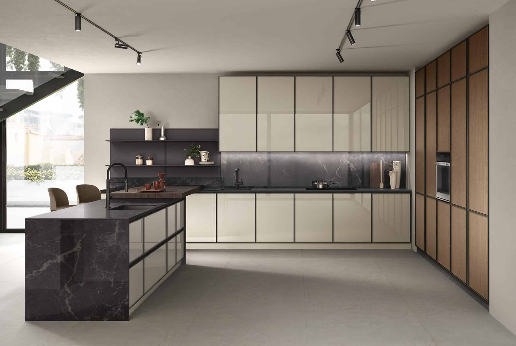 Modern kitchen with sleek cabinetry, marble countertop and backsplash, integrated appliances, and overhead track lighting.