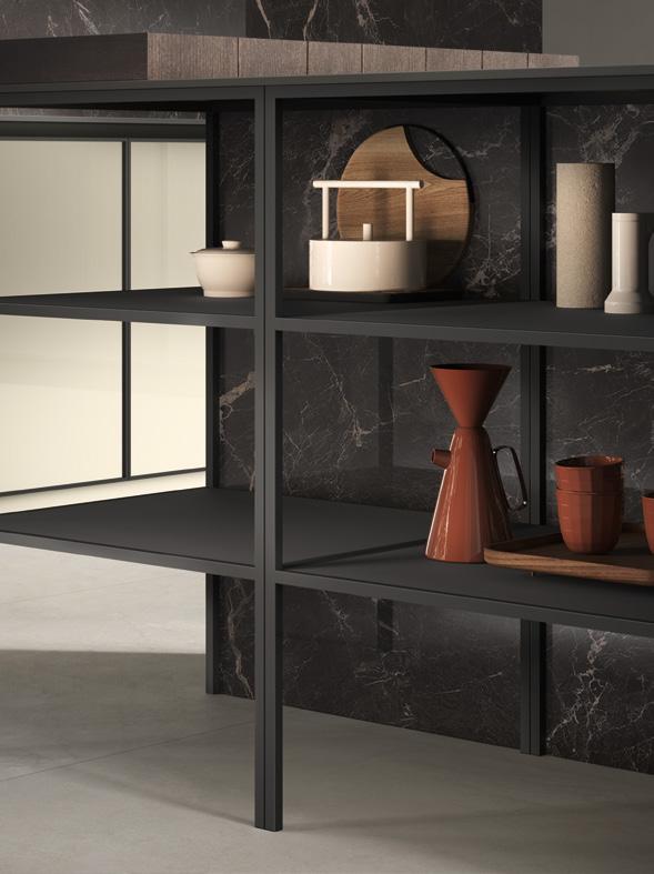 Modern black shelving unit with various decorative items including pottery and vases against a marble wall.