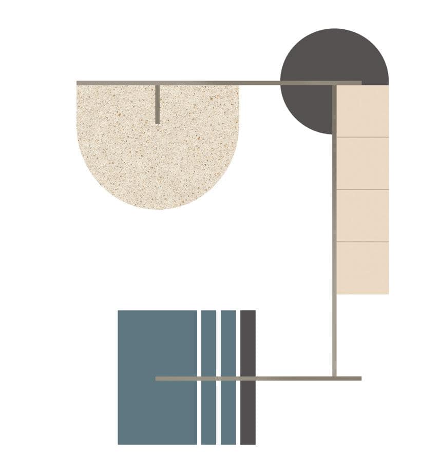 Abstract geometric design with gray, beige, and blue shapes including circles, rectangles, and lines.