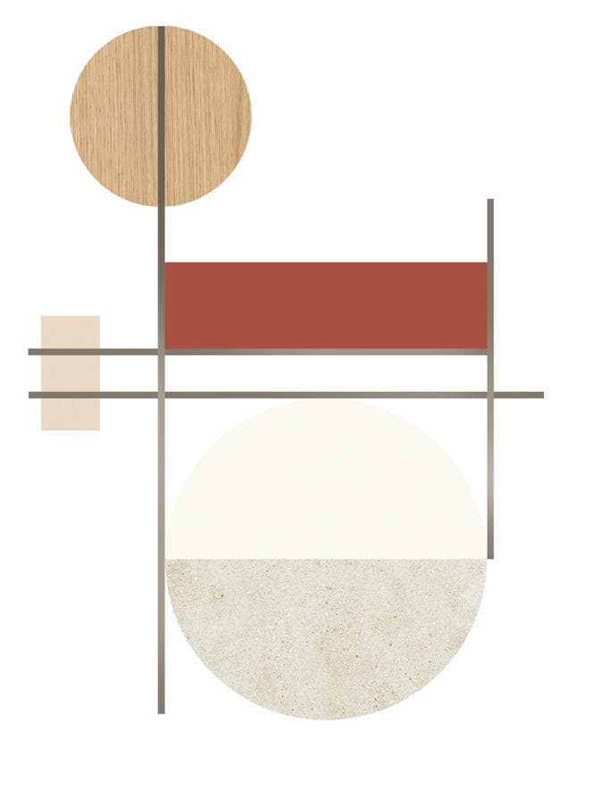 Abstract geometric composition featuring a wooden circle, beige rectangle, red rectangle, and divided circle intersected by gray lines.