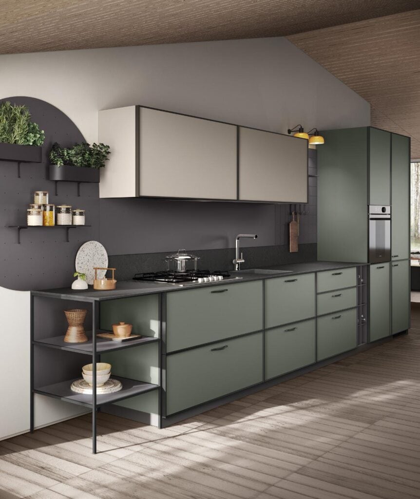 Modern kitchen with green cabinets, open shelves, and wall-mounted planters, featuring a gas stove and built-in oven.