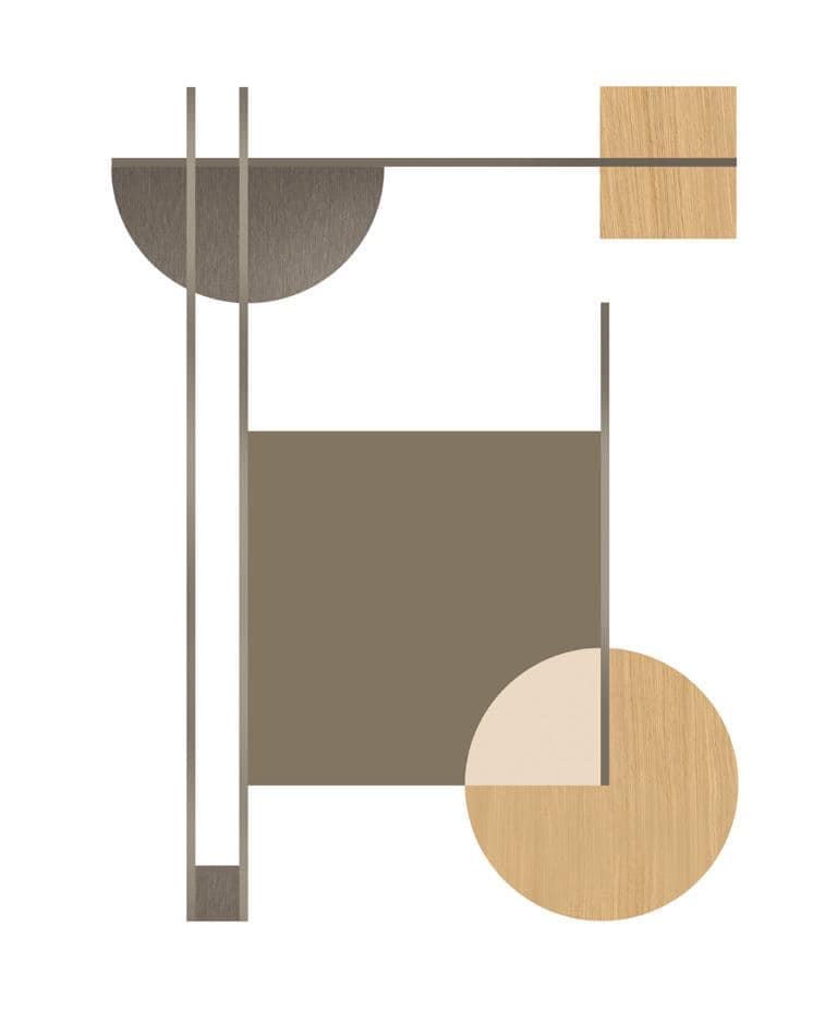 Abstract geometric composition with intersecting lines, a gray semicircle, a brown square, a beige semicircle, and a small yellow square.
