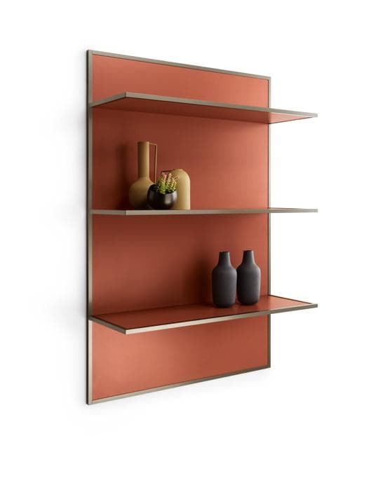 Wall-mounted metal shelf unit with a rust-colored backing, featuring decorative vases on two shelves.