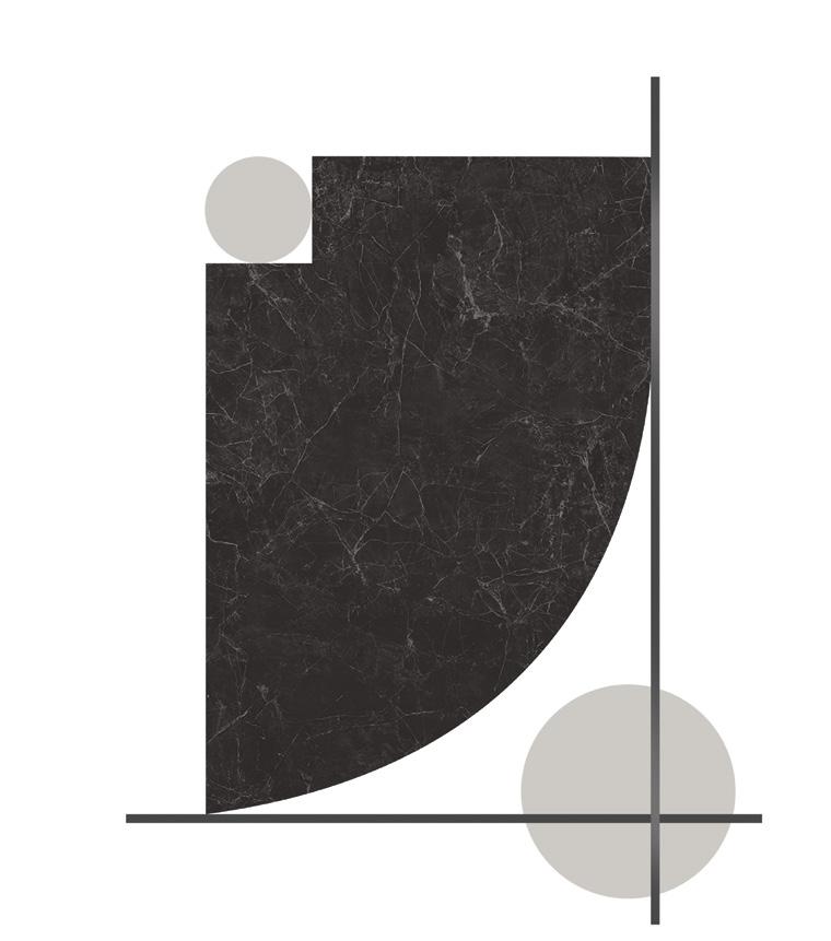 Abstract composition with a large black marble-textured semicircle, intersecting gray straight lines, and two small gray circles.