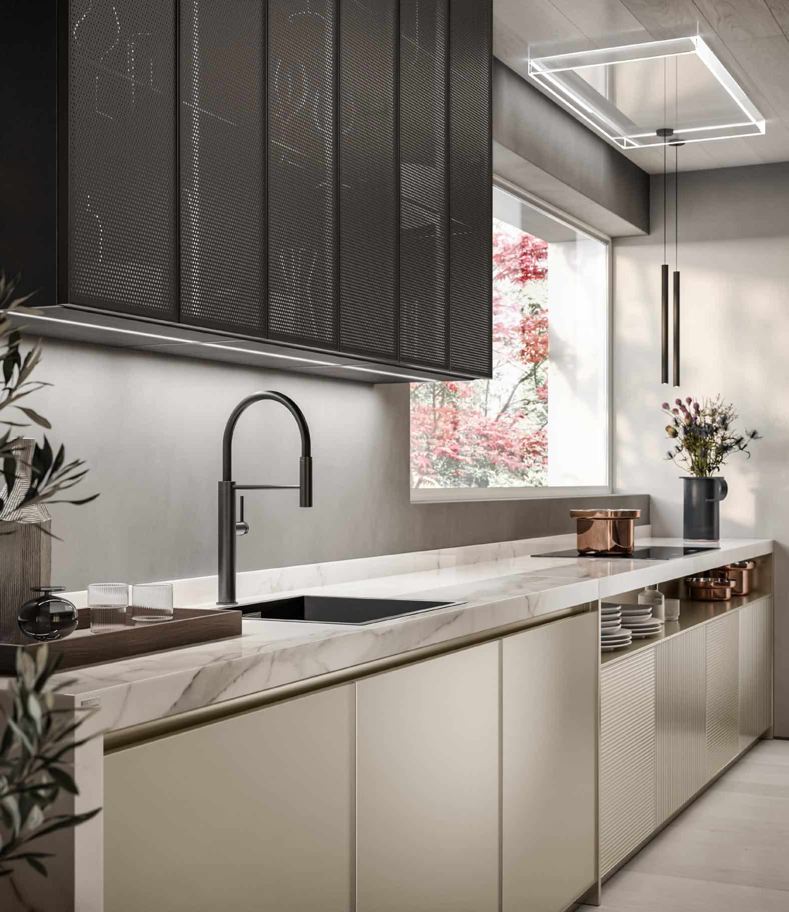 Modern kitchen with marble countertops, black sink and faucet, sleek cabinets, and copper cookware.