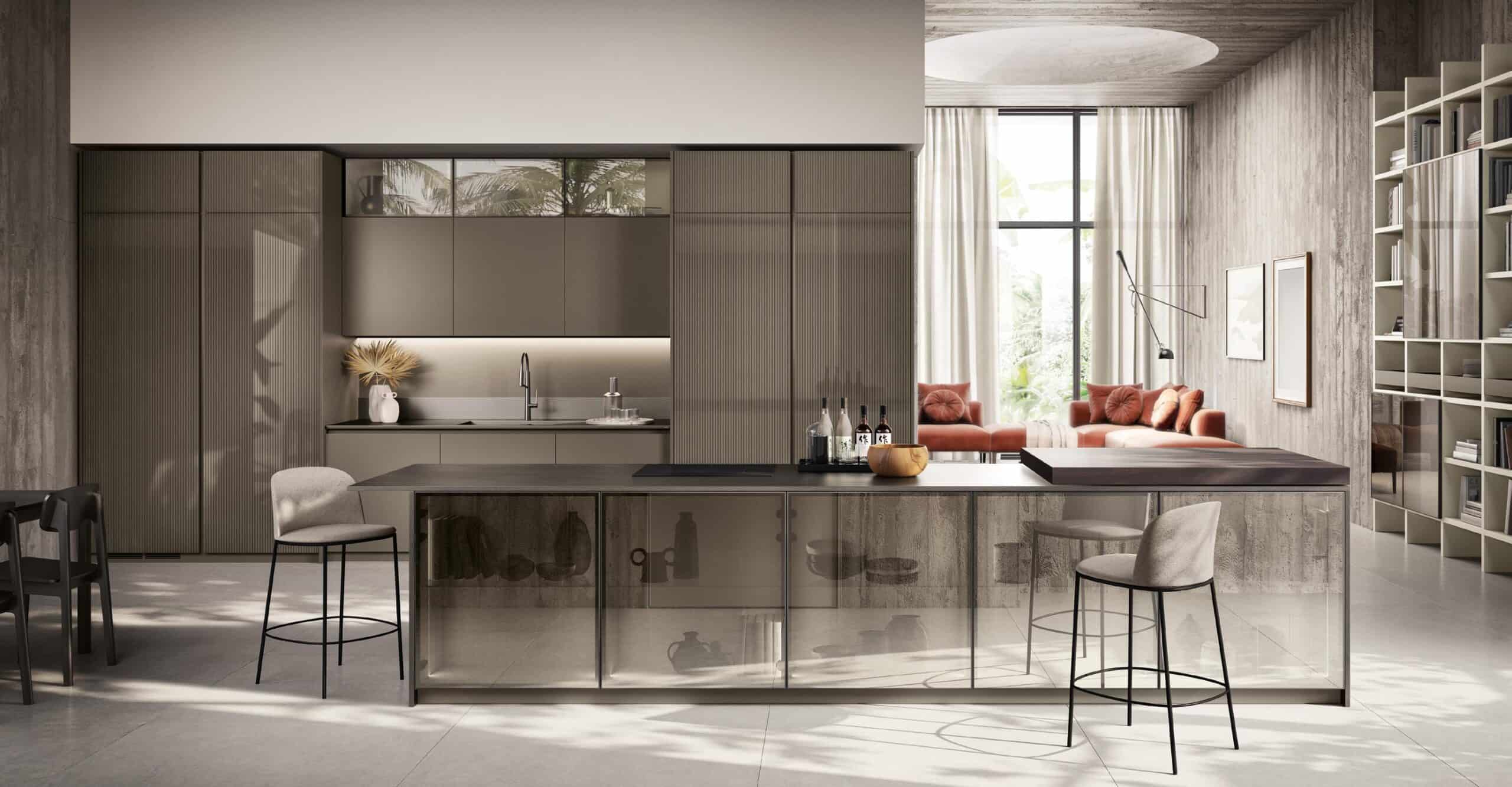 Modern kitchen and living area with minimalistic decor, featuring sleek cabinetry, a central island with seating, and a large window providing natural light.