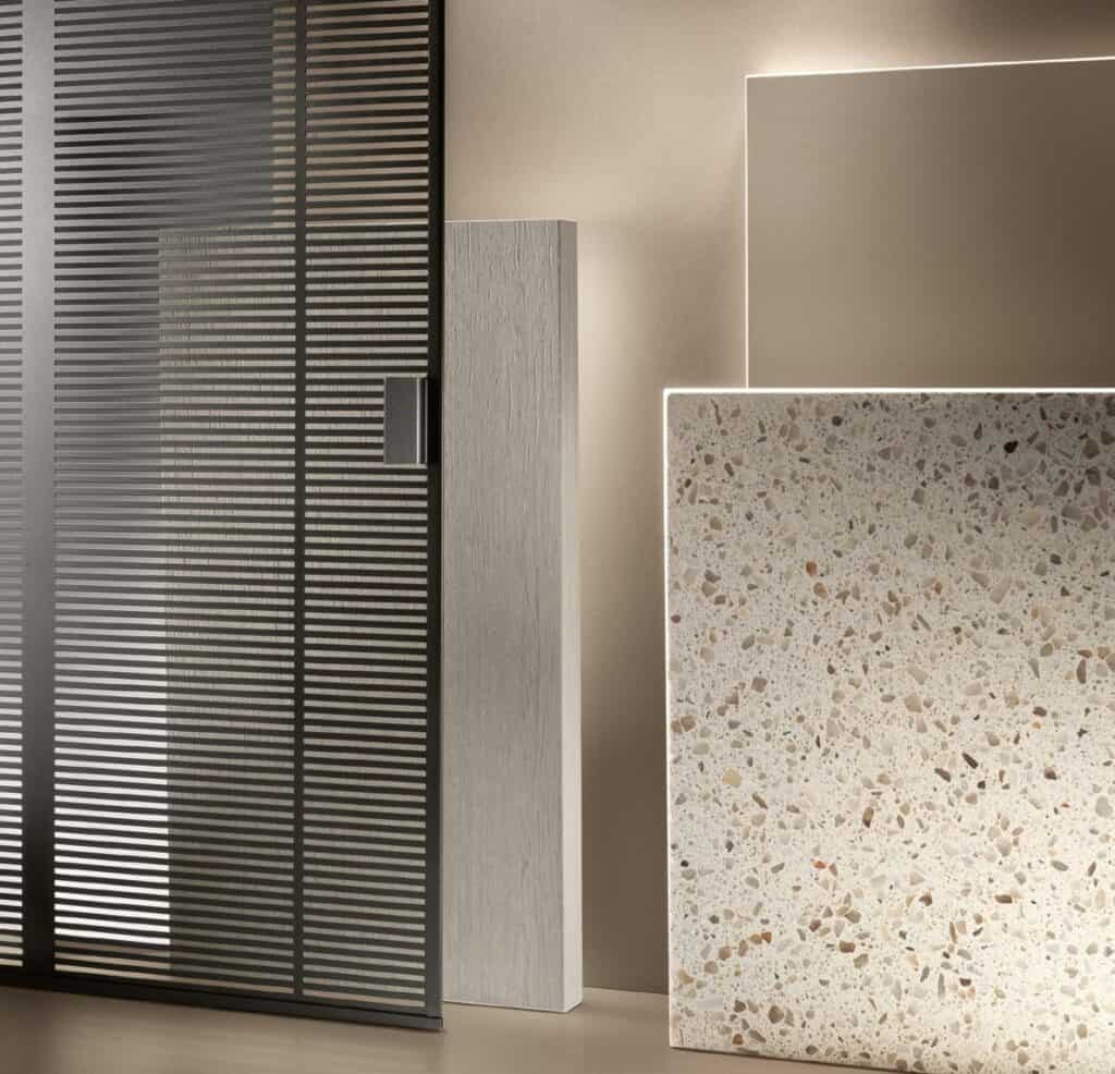 Decorative panels featuring a striped design, a wood texture, and a terrazzo pattern.