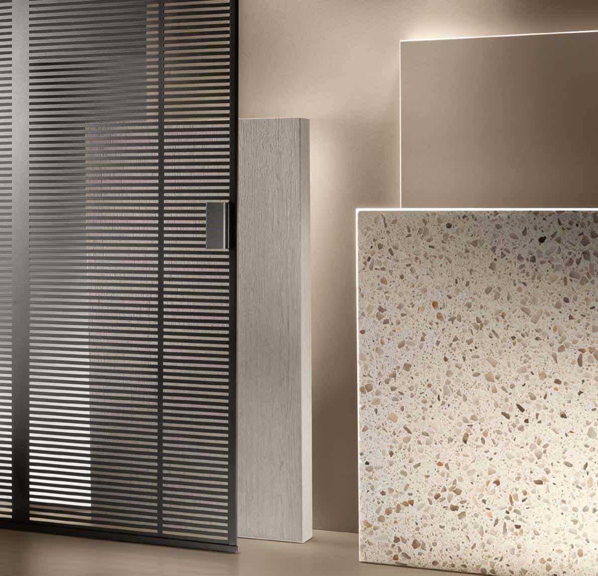 Decorative panels featuring a striped design, a wood texture, and a terrazzo pattern.