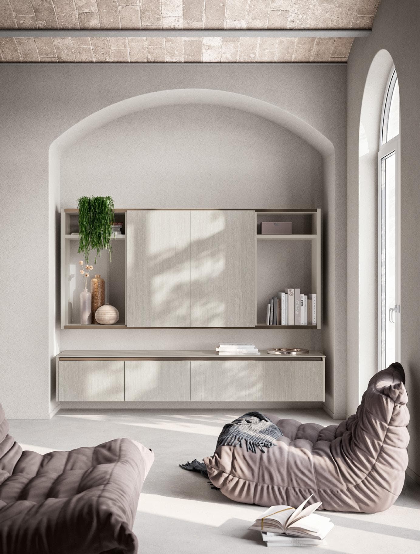 Modern minimalist living room with arched ceiling, light wood cabinetry, bean bags, large window, and decorative vases.