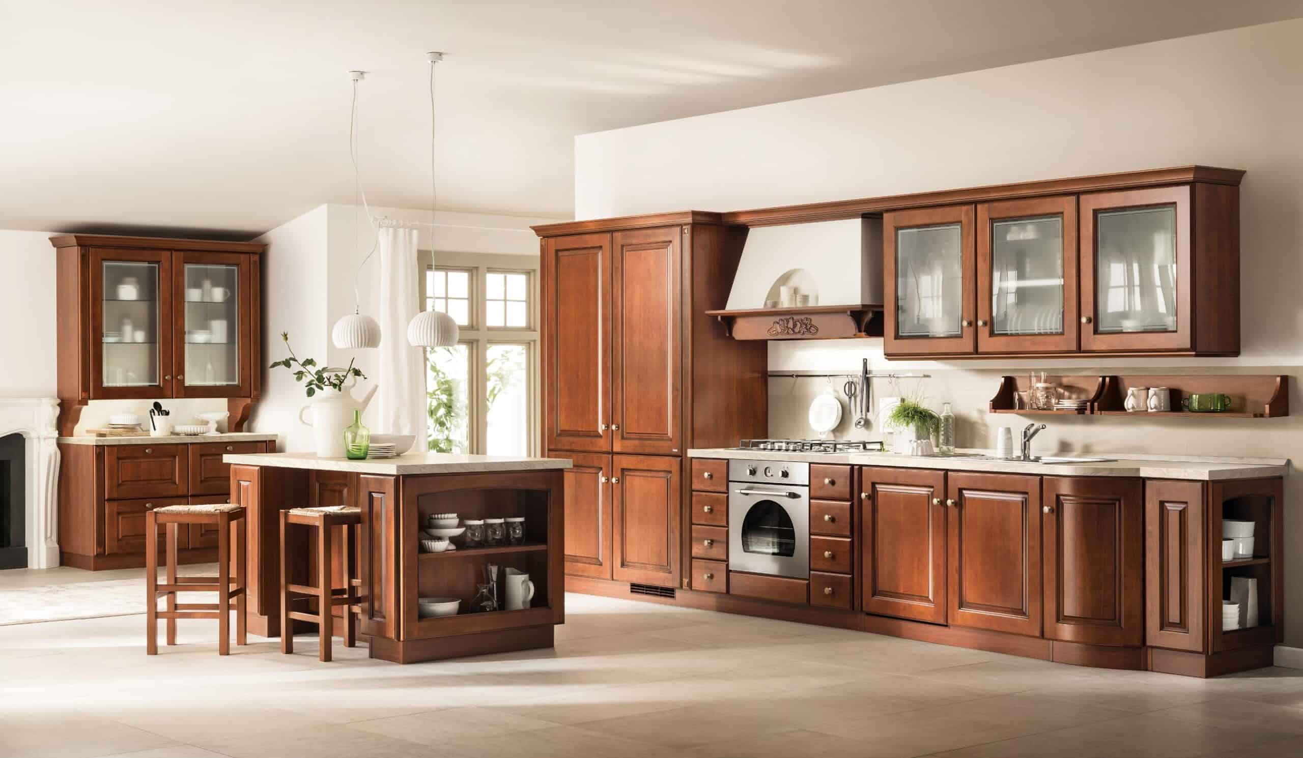 Spacious kitchen with wooden cabinetry, marble countertops, a central island with bar stools, and modern appliances under pendant lighting.