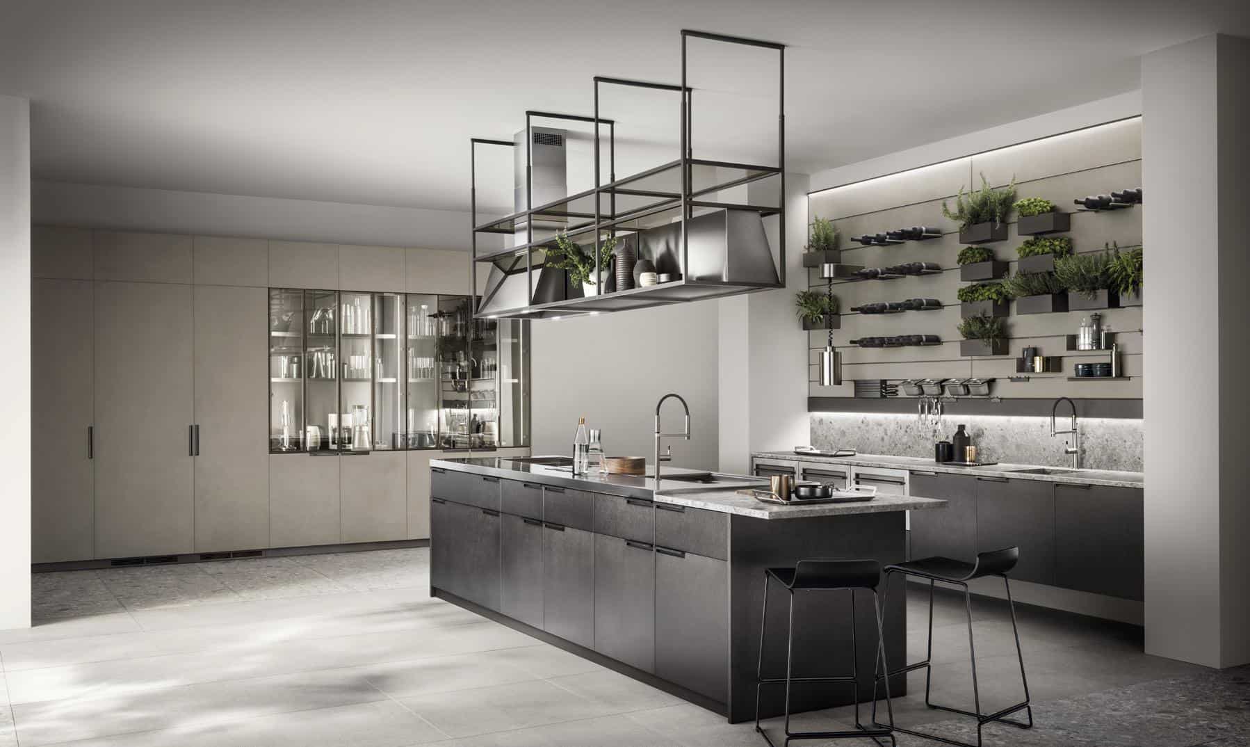 Modern kitchen with a central island, suspended shelving, and wall-mounted planters.