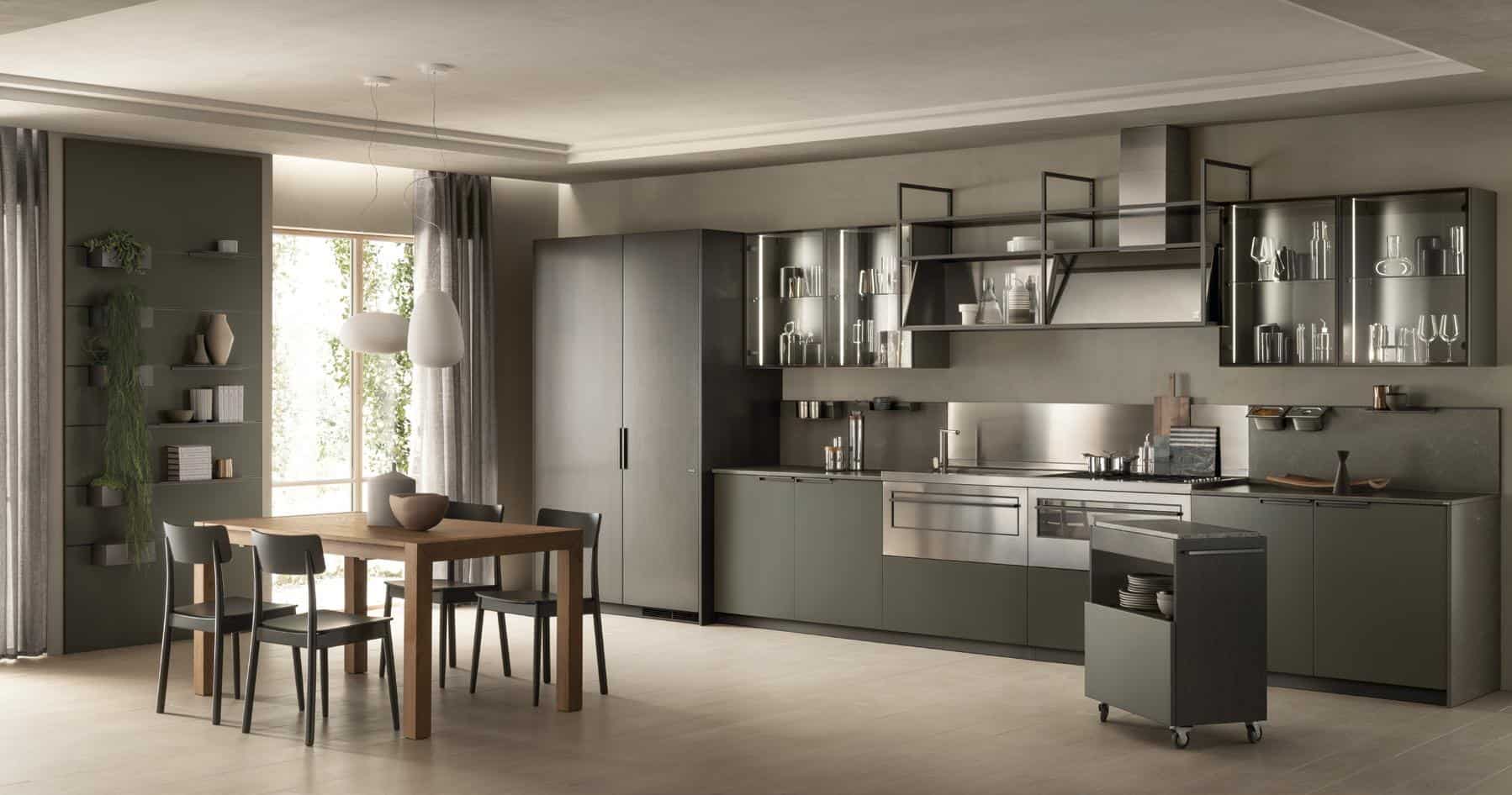 Modern kitchen with dark cabinetry, stainless steel appliances, and open shelving; includes a wooden dining table with chairs, and large windows with curtains.