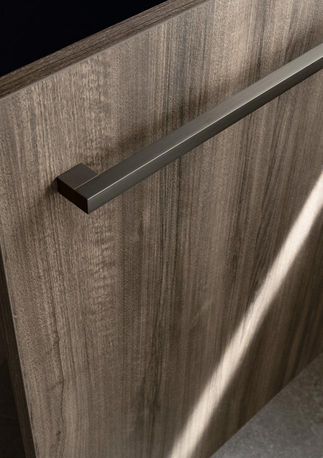 Wooden cabinet door with horizontal metal handle.