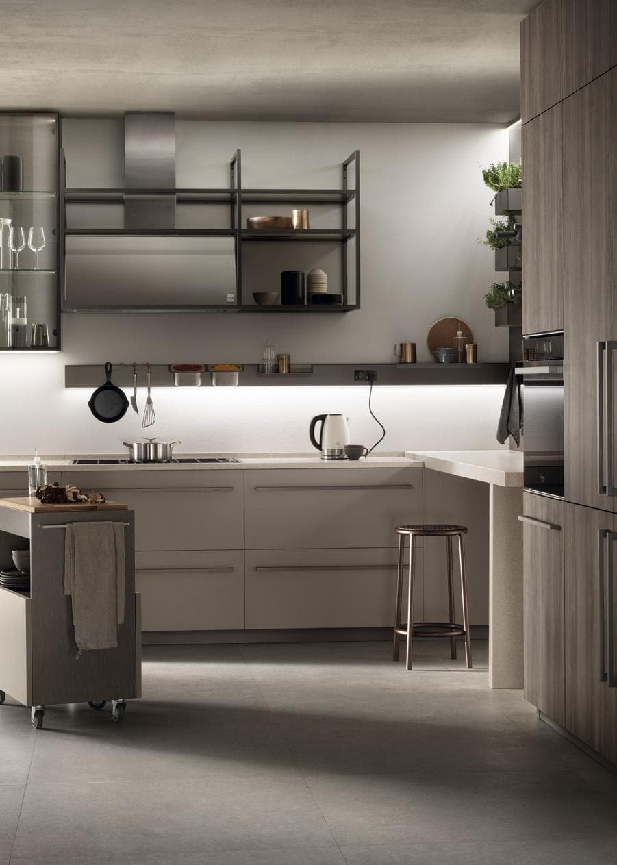 Modern kitchen with sleek cabinetry, open shelving, stainless steel appliances, a countertop with a kettle, and a bar stool.