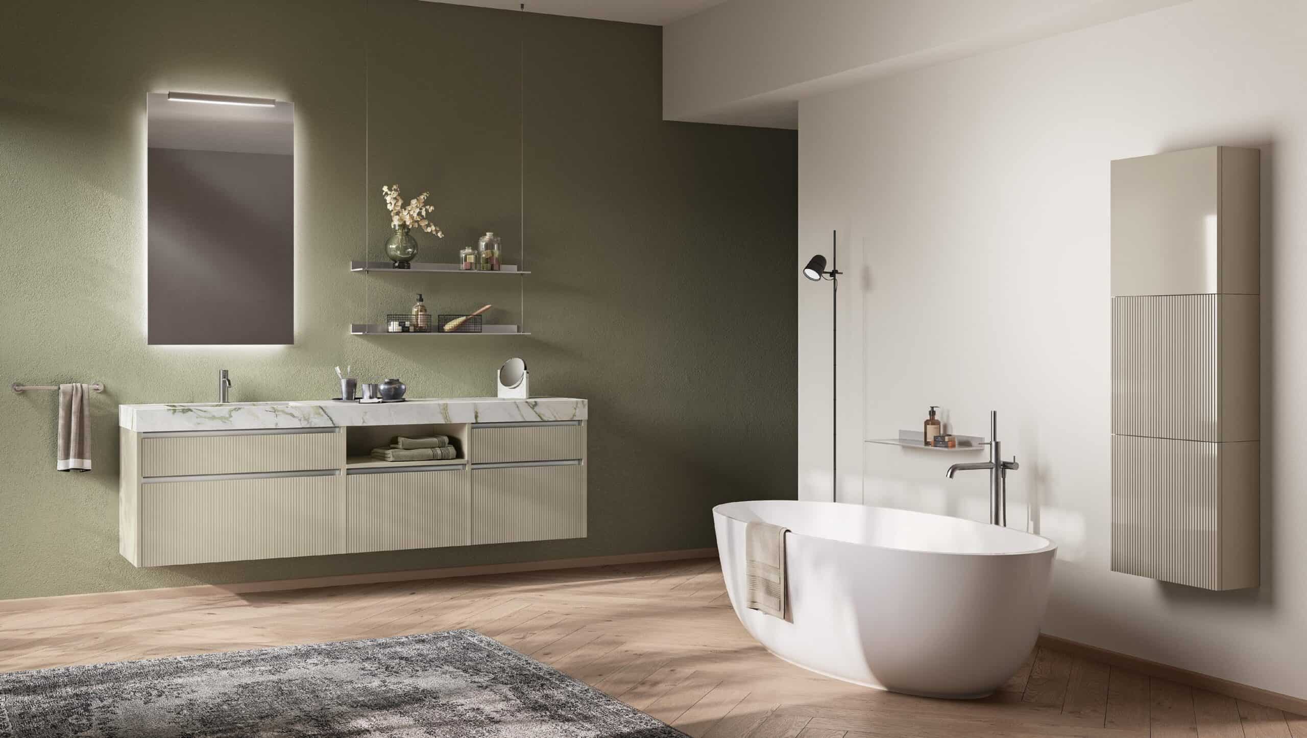 Modern bathroom with a freestanding bathtub, floating vanity with marble countertop, wall-mounted mirror, and minimalist decor.