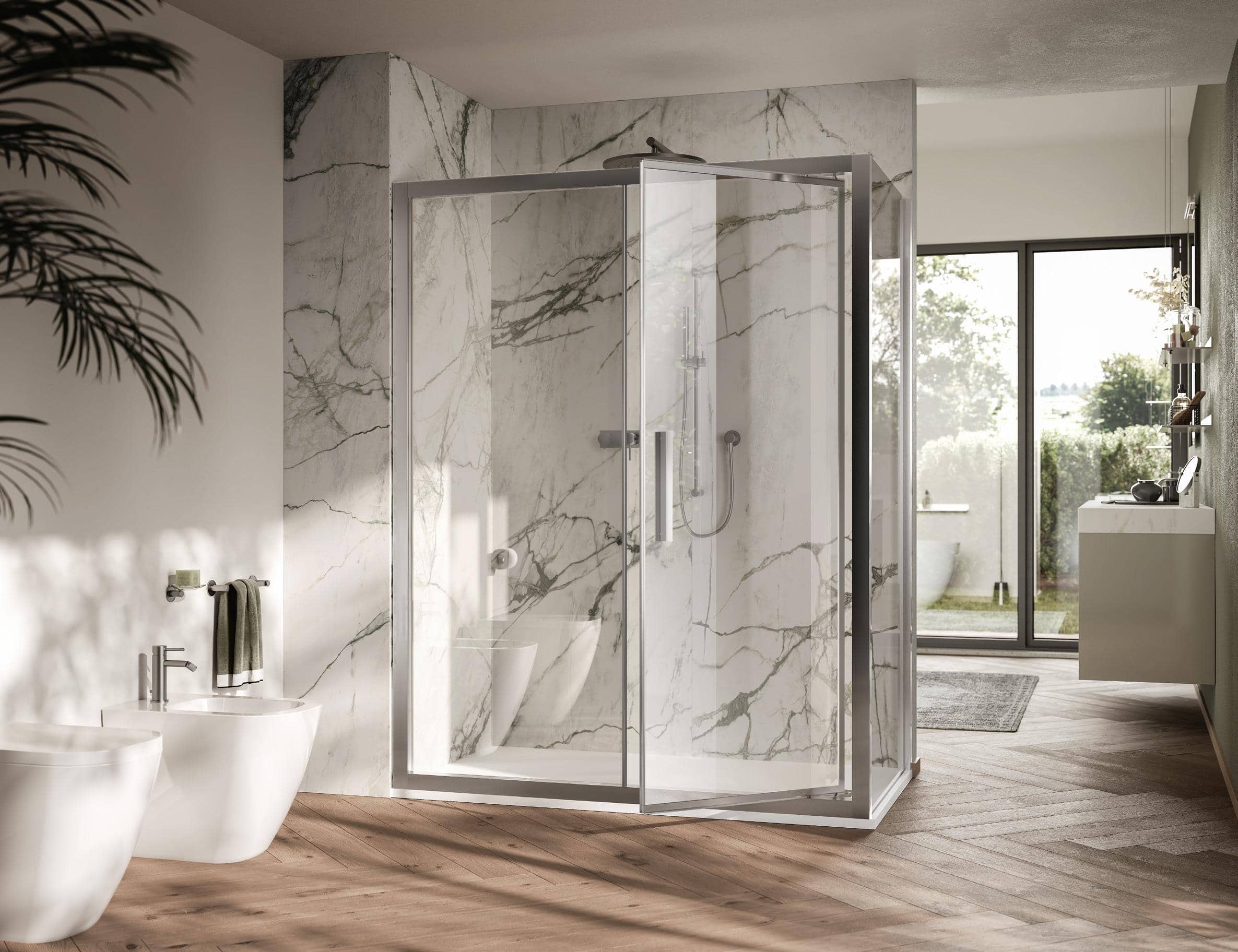 Modern bathroom with a glass shower enclosure, marble walls, wooden floor, and a large window with a garden view.