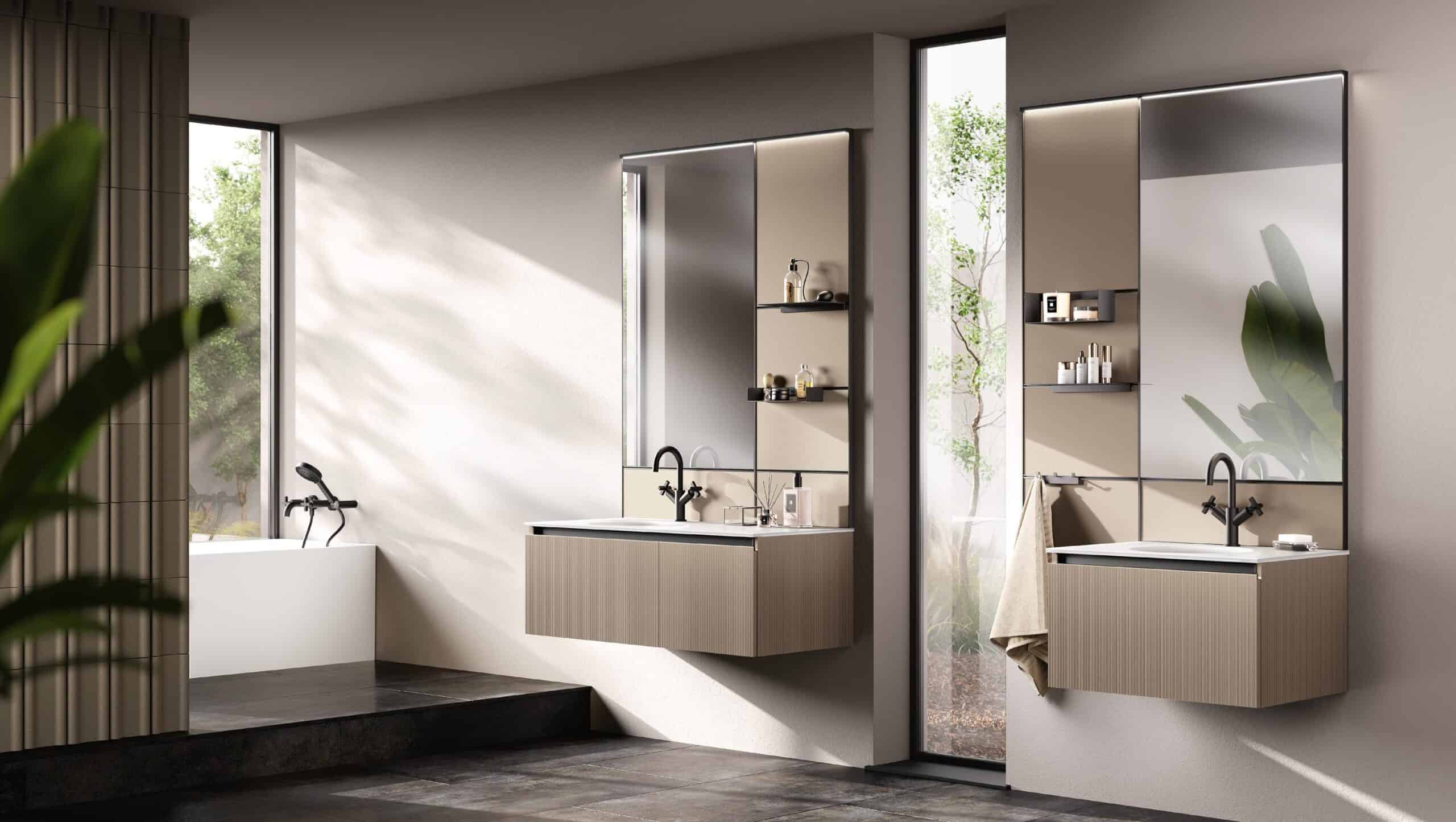 Modern bathroom interior with two sinks, large mirrors, and minimalist shelving, featuring a view of greenery through a window.