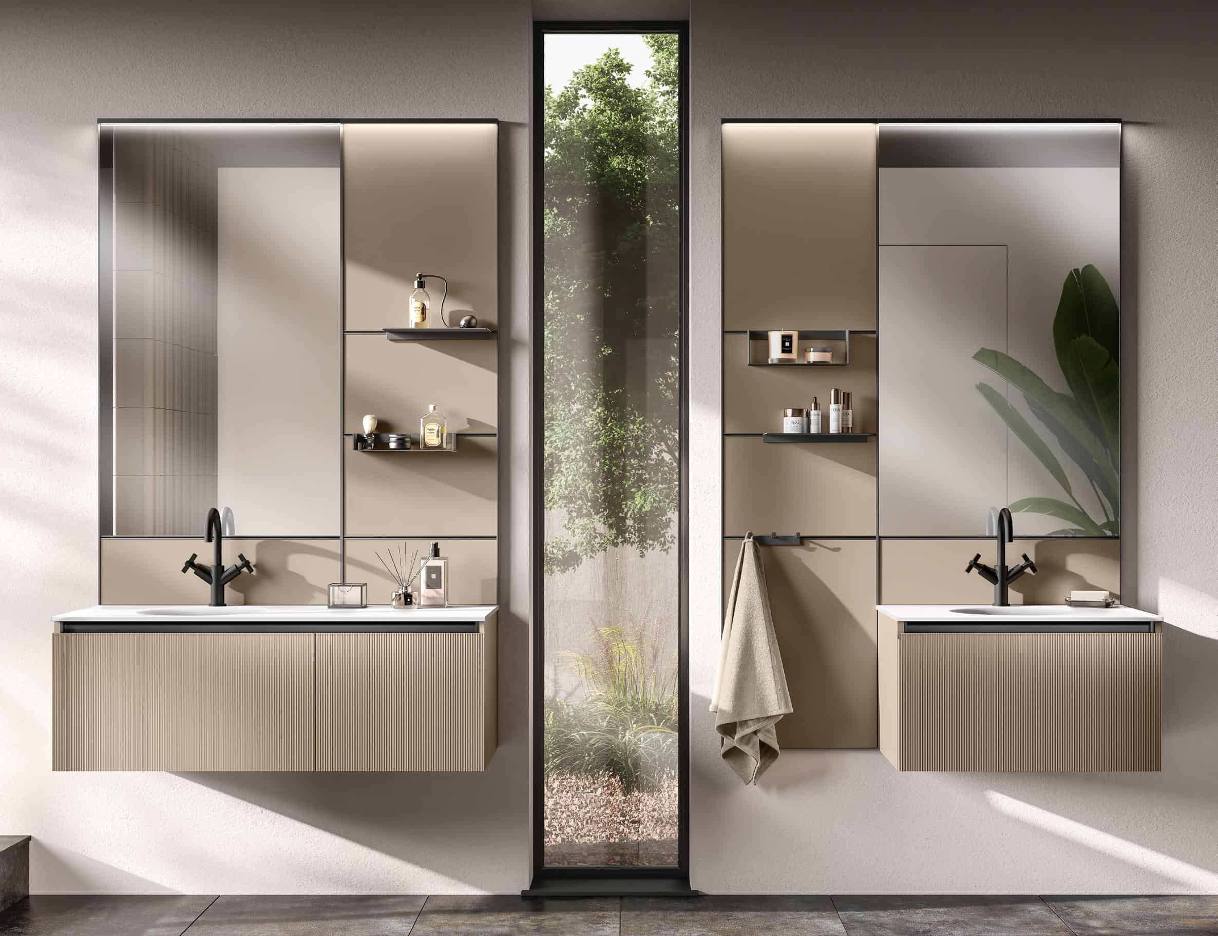 Modern bathroom with wall-mounted beige vanities, black faucets, and large mirrors, featuring a vertical window with a view of greenery.