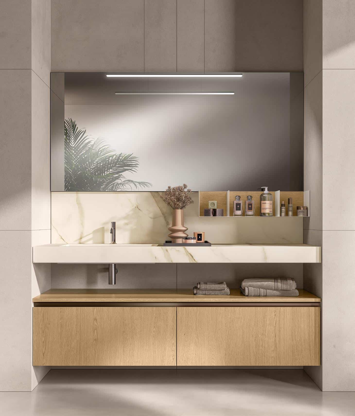 Modern bathroom vanity with a large mirror, marble countertop, wooden cabinet, and decorative toiletries.