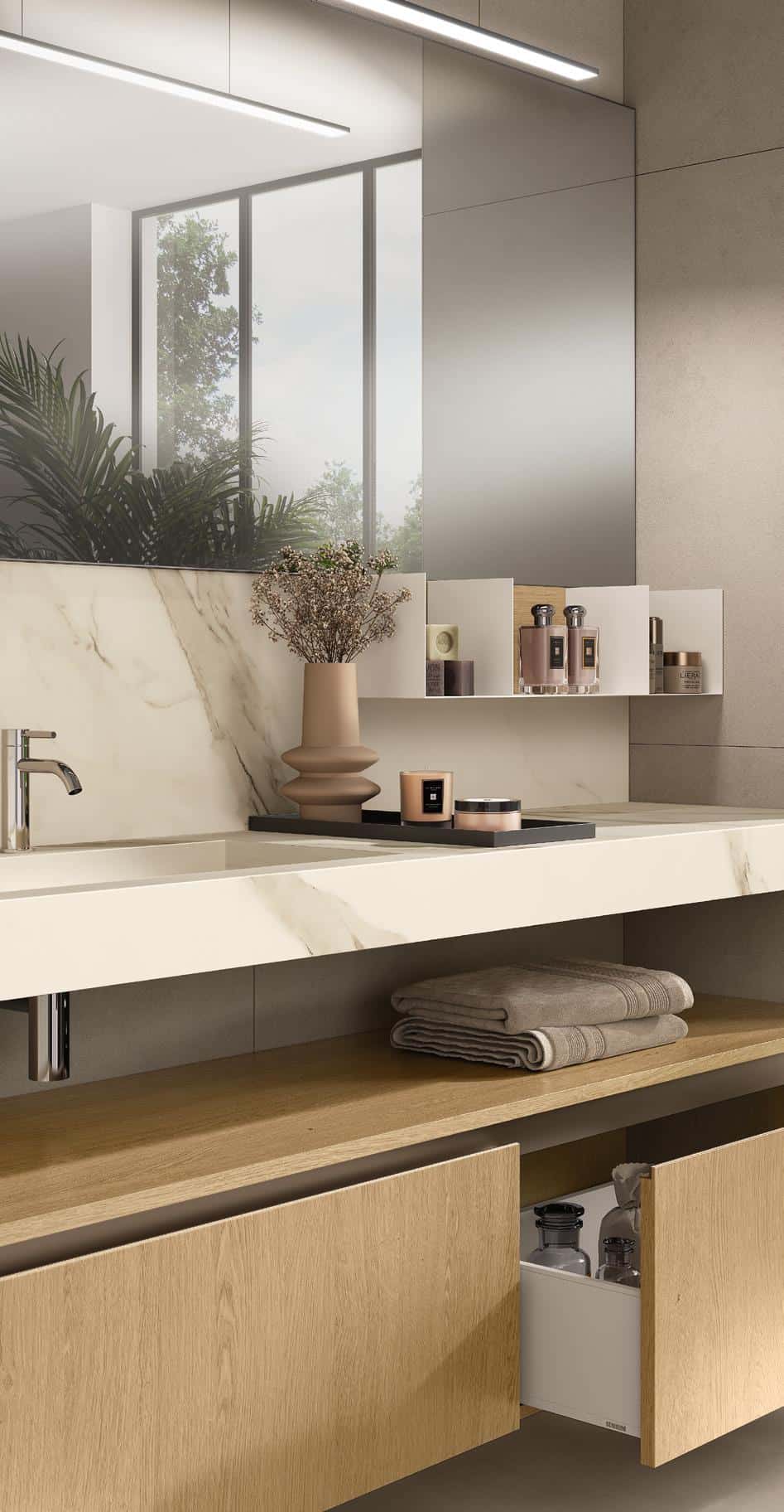 Modern bathroom with a marble countertop, wooden cabinets, and wall-mounted shelves holding various toiletries.
