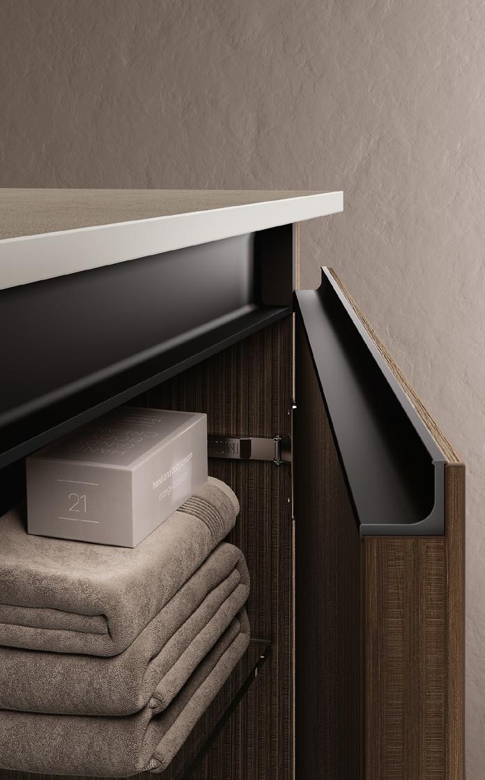Open wooden cabinet with folded towels and a box inside, featuring a modern design.
