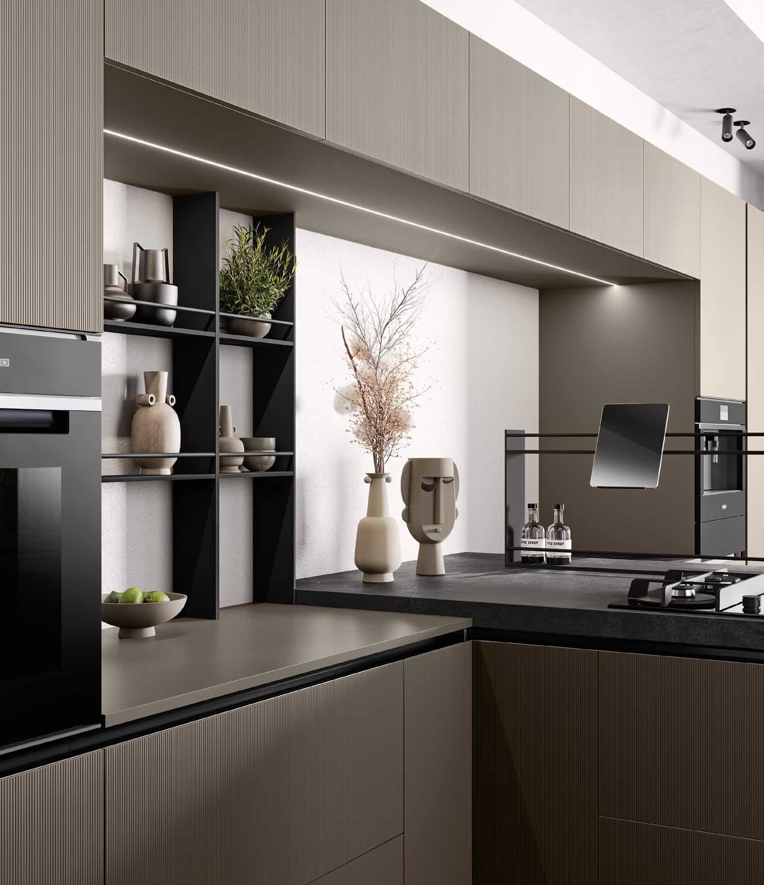 Modern kitchen interior with sleek cabinets, open shelving, and decorative vases.
